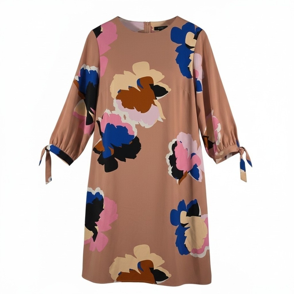 Mauve Pink Floral Shift Dress Blouson Sleeve Tie Cuff Artistic Pockets Medium